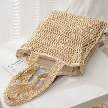 Kobiety Ręcznie Robione Tkane Słomy Torby Wakacje Torba Plażowa, Beige