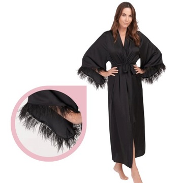 Kimono Endorfinella SENSUAL czarne długie satynowe gładkie z piórami - L/XL