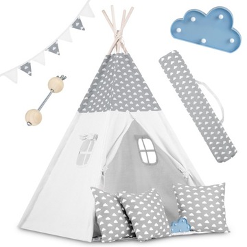 NAMIOT TIPI DLA DZIECI teepee GIRLANDA ŚWIATEŁKA 3 PODUSZKI SZARY CHMURKI