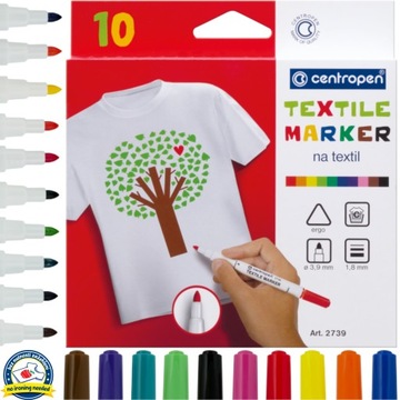 Flamastry markery pisaki CENTROPEN do tkanin koszulek ubrań 10 kolorów