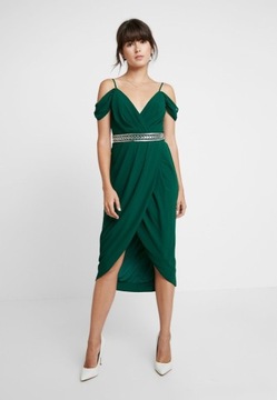 Sukienka zdobiona, midi, zielony, cyrkonie, kopertowa TFNC 36