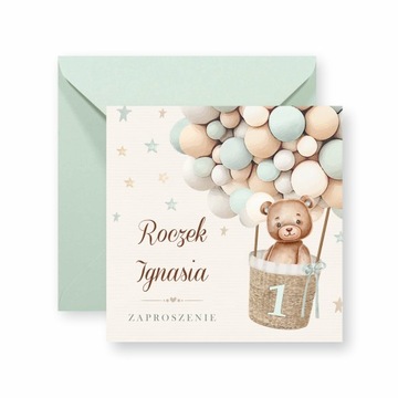 ZAPROSZENIA NA ROCZEK + IMIĘ + KOPERTA MIŚ BOHO