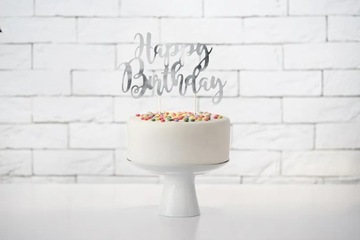 Topper na tort Happy Birthday srebrny 22,5cm urodzinowy