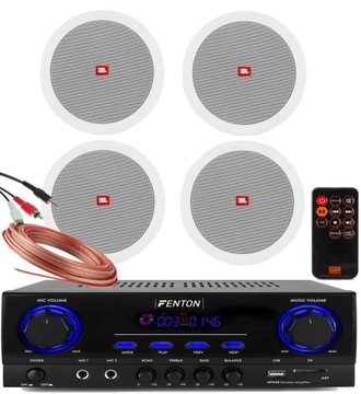SUFITOWY ZESTAW AUDIO JBL 4 GŁOŚNIKI WZMACNIACZ BT USB DOM SKLEP SAUNA SALA