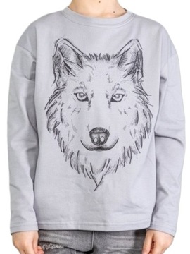 MashMnie Bluzka dziecięca longsleeve szara z wilkiem 128/134