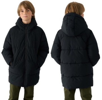 KURTKA CHŁOPIĘCA ZIMOWA 4F PŁASZCZ PUCHOW Z KAPTUREM CZARNY 164