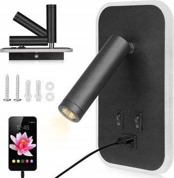 Kinkiet, lampka LED do czytania 9W Z USB - czarna