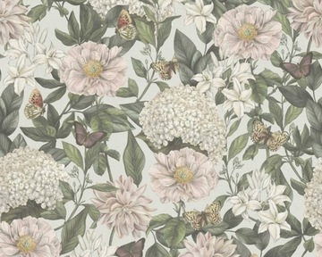 TAPETA VINTAGE DUŻE KWIATY HORTENSJE MOTYLE LIŚCIE STYL SKANDYNAWSKI