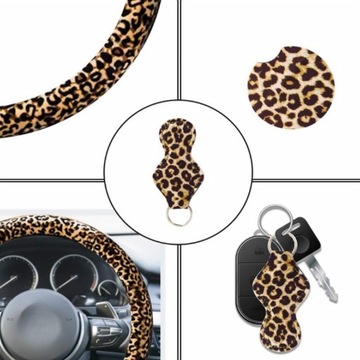 POKROWIEC NA KIEROWNICĘ SAMOCHODOWĄ LEOPARD AKCESORIA TKANINA KOBIETA UCHWYT NA KLUCZE DEKORACJA