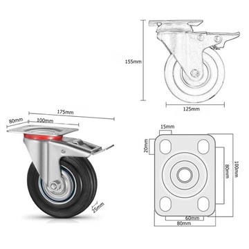 КОЛЕСО РЕЗИНОВОЕ ПОВОРОТНОЕ ДЛЯ ТЕЛЕЖКИ 125 мм С ТОРМОЗОМ