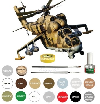 Model śmigłowca helikoptera do sklejania Mi-24 ZESTAW: FARBY, KLEJ+PĘDZELKI