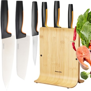 FISKARS ZESTAW 3 NOŻY W DREWNIANYM BLOKU KUCHENNE