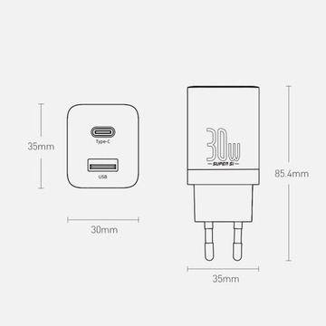 BASEUS SZYBKA ŁADOWARKA SIECIOWA DO TELEFONU 2X USB USB-C 30W PD AFC QC 3.0