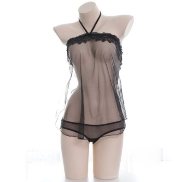 Ночная сорочка Babydoll черная, сетчатая, с кружевом + трусики на завязках 2в1