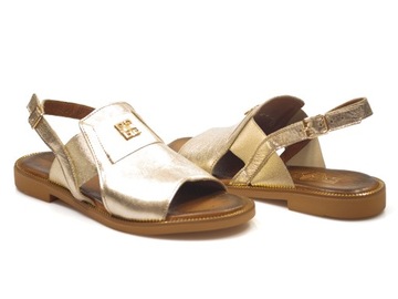 Złote sandały damskie Lemar na płaskim Skórzane rzymianki Wygodne sandałki
