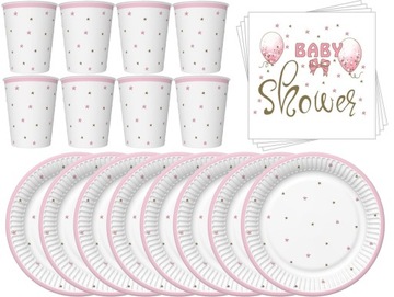Zestaw Talerzyki Kubeczki Serwetki BABY SHOWER Gwiazdki Różowe
