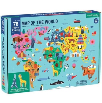 Puzzle Mapa Świata z elementami w kształcie budynków i zwierząt Mudpuppy 5+