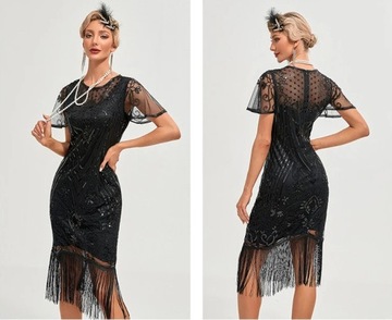 SUKIENKA CEKINOWA ART DECO WIELKI GATSBY LATA 20 RETRO SYLWESTER CZARNA L