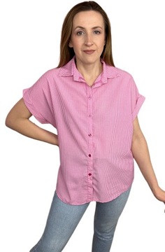 Bawełniana koszula w pionowe paski luźna oversize krótki rękaw S M L