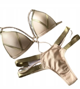 BIKINI STRINGI STRÓJ KĄPIELOWY PUSH-UP PASKI GOLD