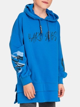BLUZA CHŁOPIĘCA DRESOWA DŁUGA KAPTUR niebieski 128