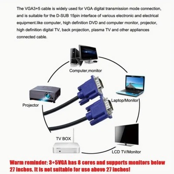 Adapter kabla 3+5 vga 1080P HD VGA na VGA do komputera, telewizora, 1,8 m