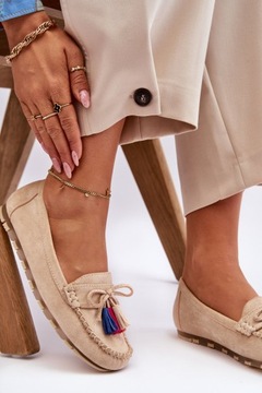 ЗАМШЕВЫЕ МОКАСИНЫ С БАНТОМ И БАХОЙ, БЕЖЕВЫЙ 41