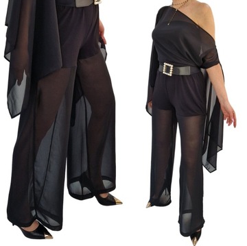 CZARNE ZWIEWNE SPODNIE WIDE LEG BOHO PRZEZROCZYSTE SZYFON r38 (36-56)
