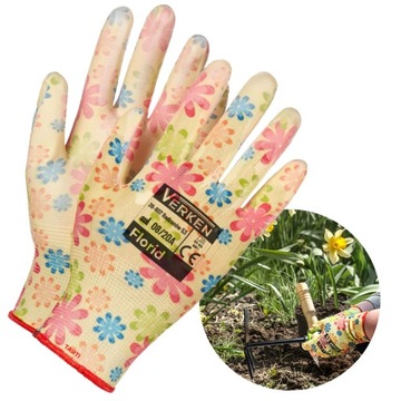 RĘKAWICE RĘKAWICZKI OGRODOWE DAMSKIE VERKEN FLORID KWIATKI 8- M