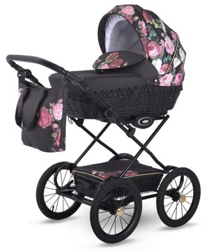 wózek dziecięcy czarny w kwiaty 2w1 Retro Garden Lonex GONDOLA + FOTELIK