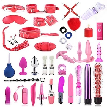 XXL ZESTAW ZABAWEK SEX GADŻETY - KAJDANKI BAT OBROŻA ZACISKI KNEBEL BDSM