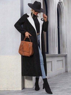 KOŻUCH ZAMSZOWY PŁASZCZ DŁUGI BEZ ZAPIĘCIA CZARNY CASUAL SHEIN XS 34