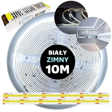Taśma pasek LED COB linia ciągła neon z zasilaczem biały zimny 12V 10M