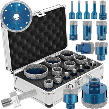 ZESTAW OTWORNIC KORONEK DIAMENTOWYCH WIERTEŁ DO TWARDEGO GRESU M14 +WALIZKA