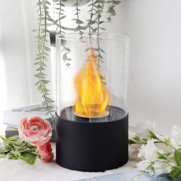 БИОКАМИН ИЗ СТЕКЛЯННОЙ ТЕРРАСЫ, СТОЛ, ЧЕРНЫЙ КАМИН