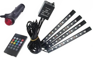 OŚWIETLENIE WNĘTRZA SAMOCHODU AUTA LISTWY LED RGB 12V + PILOT ZESTAW