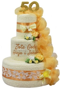 Tort z ręczników z HAFTEM PREZENT na Ślub Urodziny