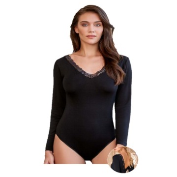 ELEGANCKIE KLASYCZNE CZARNE BODY DAMSKIE Z DŁUGIM RĘKAWEM WISKOZOWE R. M