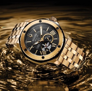 ZŁOTY MĘSKI DIVER AUTOMAT BULOVA 98A273 MARINE STAR OPEN HEART NOWY 45mm