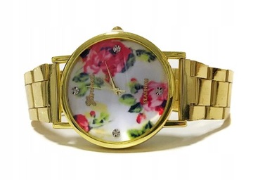 Zegarek damski - GENEVA - bransoleta złoty kwiaty