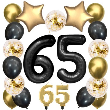 BALONY ZESTAW 65 Urodziny CHROM CZARNY ZŁOTY ROCZNICA 100 cm