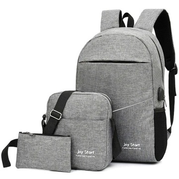 PLECAK Szary ZESTAW 3w1 TORBA SASZETKA USB Męski Damski Sportowy
