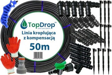 LINIA KROPLUJĄCA Z KOMPENSACJĄ 50M ZESTAW 34 AKCESORIÓW KROPLOWNIKI CO 33cm