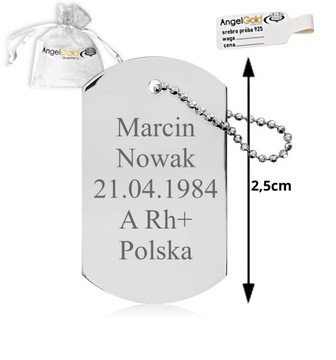 SREBRNY NIEŚMIERTELNIK DOG TAG PR. 925 + GRAWER