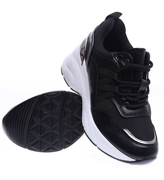 Czarne damskie trampki sneakersy na niskim koturnie Buty sportowe 15717 38