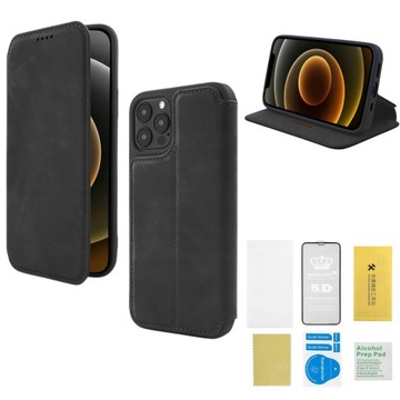 ETUI DO APPLE IPHONE 12 MINI CASE CZARNY Z KLAPKĄ + SZKŁO HARTOWANE 9H