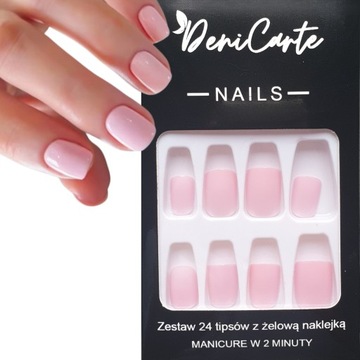 PAZNOKCIE SZTUCZNE TIPSY SHORT SQUARE RÓŻ NUDE KWADRAT SAMOPRZYLEPNE 24SZT