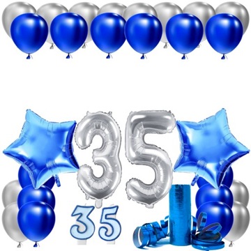 ZESTAW BALONY NA 35 URODZINY LAT NIEBIESKI SREBRNY 35 ROCZNICA ŚLUBU