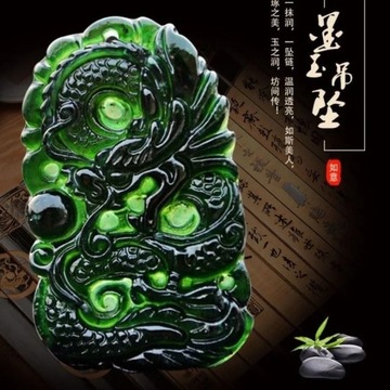 Chinese Natural Black Green Jade Dragon Pendant Necklace Fashion