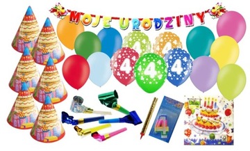 Balony w zestaw na czwarte URODZINY 4 cztery latka Z czapeczki trąbki